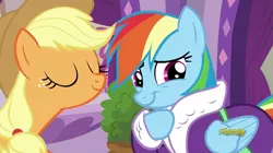 Size: 1277x715 | Tagged: safe, derpibooru import, screencap, applejack, rainbow dash, earth pony, pegasus, pony, applejack's "day" off, bathrobe, clothes, cute, dashabetes, eyes closed, female, jackabetes, mare, robe, smiling