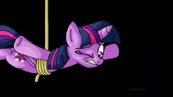 Size: 1280x720 | Tagged: safe, artist:mojo1985, derpibooru import, twilight sparkle, twilight sparkle (alicorn), alicorn, pony, applejack's "day" off, black background, rope, simple background, solo