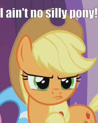 Size: 537x679 | Tagged: safe, derpibooru import, edit, edited screencap, screencap, applejack, pony, applejack's "day" off, animated, blatant lies, caption, gif, gif with captions, image macro, liarjack, meme, pouting, silly, silly pony, text, who's a silly pony