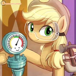 Size: 750x750 | Tagged: safe, artist:lumineko, derpibooru import, applejack, steam gauge, earth pony, pony, applejack's "day" off, :), cute, female, goggles, hammer, jackabetes, looking at you, mare, pareidolia, patreon, patreon logo, photoshop, safety goggles, smiling, solo, toolbelt, tools