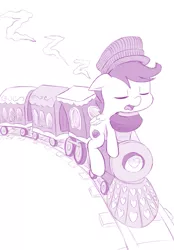 Size: 767x1100 | Tagged: safe, artist:dstears, derpibooru import, scootaloo, pegasus, pony, cutie mark, female, filly, monochrome, onomatopoeia, purple, simple background, sleeping, solo, sound effects, the cmc's cutie marks, train, white background, zzz