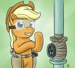 Size: 1280x1152 | Tagged: safe, artist:mkogwheel, derpibooru import, applejack, applejack's "day" off, duct tape, rosie the riveter, safety goggles, solo, tape, that was fast, toolbelt, valve