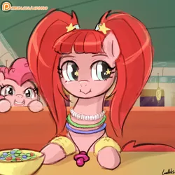 Size: 750x750 | Tagged: safe, artist:lumineko, derpibooru import, pacific glow, pinkie pie, pony, the saddle row review, :>, :i, candy, clone, cute, female, food, glowstick, jewelry, leg warmers, looking at you, looking away, mare, necklace, open mouth, pacifier, patreon, patreon logo, pinkie clone, puffy cheeks, skittles, smiling, starry eyes, wingding eyes
