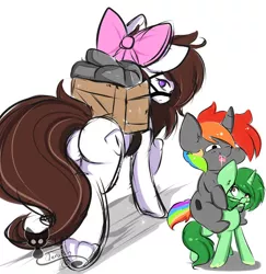 Size: 600x617 | Tagged: safe, artist:teranen, derpibooru import, oc, oc:aggie, oc:krylone, oc:pisty, unofficial characters only, pony, bow, box, bridle, butt, frog (hoof), hair bow, kryggie, multicolored hair, no pupils, plot, ponies riding ponies, rainbow hair, riding, simple background, tack, underhoof, white background