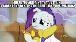 Size: 1920x1080 | Tagged: applejack's "day" off, caption, derpibooru import, discovery family logo, edit, edited screencap, faic, frown, hoof hold, image macro, meme, nose wrinkle, open mouth, pocket watch, pony racism, pressure, prunity, pruny, rarity, safe, screencap, solo, spongebob squarepants, text, wet, wet mane, wrinkles