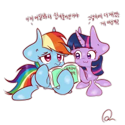 Size: 2500x2500 | Tagged: safe, artist:berrity, derpibooru import, rainbow dash, twilight sparkle, twilight sparkle (alicorn), alicorn, pony, book, image, korean, png