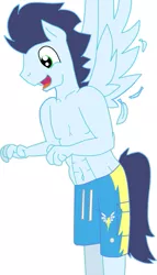 Size: 433x757 | Tagged: anthro, artist:artistbrony, bare chest, belly button, clothes, derpibooru import, edit, fetish, navel fetish, navel play, partial nudity, simple background, soarin', solo, suggestive, swimsuit, topless, vector, vector edit, white background