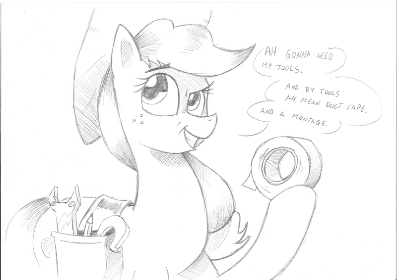 Size: 1403x992 | Tagged: applejack, applejack's "day" off, artist:saturdaymorningproj, derpibooru import, duct tape, grayscale, monochrome, safe, solo, tape, toolbelt, traditional art