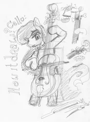 Size: 1193x1617 | Tagged: artist:ciaran, bow (instrument), cello, cello bow, derpibooru import, monochrome, musical instrument, octavia melody, safe, sketch, sketch dump, traditional art