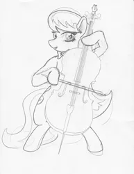 Size: 1578x2048 | Tagged: artist:ciaran, bow (instrument), bowtie, cello, cello bow, derpibooru import, looking at you, monochrome, musical instrument, octavia melody, safe, sketch, solo