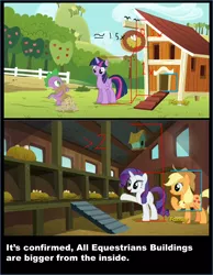 Size: 1456x1878 | Tagged: safe, derpibooru import, edit, edited screencap, screencap, applejack, rarity, spike, twilight sparkle, twilight sparkle (alicorn), alicorn, pony, applejack's "day" off, architecture, bigger on the inside, discovery family logo, theory