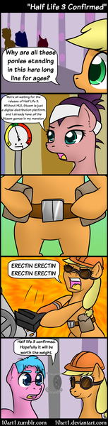 Size: 1024x4008 | Tagged: aloe, applejack, applejack's "day" off, artist:10art1, comic, derpibooru import, engineer, erectin, gabe newell, half life 3, meme, pun, safe, spoiled rich, steam, :t, team fortress 2, valve