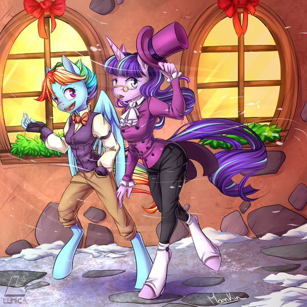 Size: 800x800 | Tagged: safe, artist:moenkin, derpibooru import, rainbow dash, snowdash, snowfall frost, starlight glimmer, anthro, pegasus, unguligrade anthro, unicorn, a hearth's warming tail, clothes, female, hat, open mouth, snow, snowfall, windswept mane