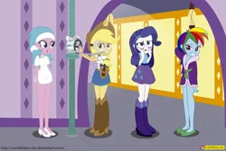 Size: 3783x2539 | Tagged: safe, artist:conikiblasu-fan, derpibooru import, aloe, applejack, rainbow dash, rarity, applejack's "day" off, equestria girls, applejack day, bathrobe, boots, breasts, clothes, cowboy hat, cute, dashabetes, denim skirt, dress, engineer, equestria girls interpretation, equestria girls-ified, female, fixing, goggles, hammer, hat, high heel boots, high heels, legs, mouth hold, open mouth, pipe (plumbing), pouch, robe, scene interpretation, shoes, side slit, skirt, slippers, spa, stetson, tank slippers, tape