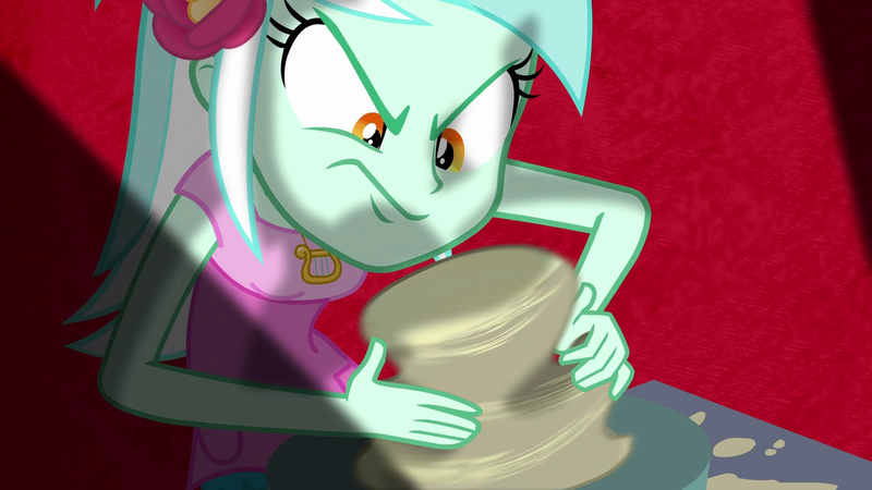 Size: 1280x720 | Tagged: safe, derpibooru import, screencap, lyra heartstrings, all's fair in love and friendship games, equestria girls, clay, pottery, pottery wheel, sculpting