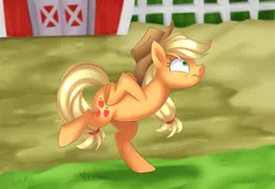 Size: 2900x2000 | Tagged: safe, artist:scarlet-spectrum, derpibooru import, applejack, bird, chicken, pony, applejack's "day" off, chicken dance, chickenjack, cowboy hat, freckles, hat, scene interpretation, silly, silly pony, solo, stetson, sweet apple acres, who's a silly pony