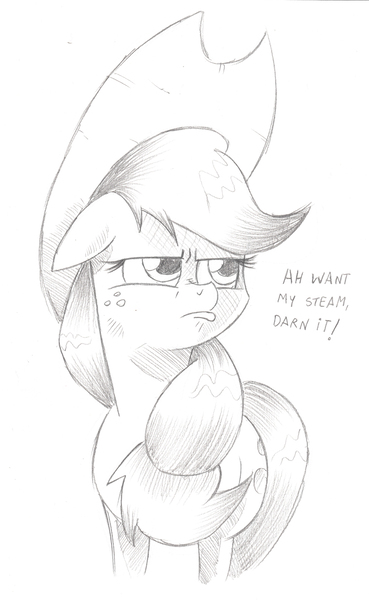 Size: 752x1222 | Tagged: applejack, applejack's "day" off, artist:saturdaymorningproj, derpibooru import, floppy ears, grayscale, monochrome, pouting, safe, simple background, solo, traditional art