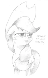 Size: 752x1222 | Tagged: applejack, applejack's "day" off, artist:saturdaymorningproj, derpibooru import, floppy ears, grayscale, monochrome, pouting, safe, simple background, solo, traditional art