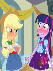 Size: 768x1024 | Tagged: suggestive, artist:peeedits, derpibooru import, edit, edited screencap, screencap, applejack, twilight sparkle, equestria girls, backpack, blushing, couldn't take it, desperation, edited by: peeedits, exploding bladder, female, had to pee, lesbian, need to pee, omorashi, peeing fetish, peeing on the floor, pissing, potty emergency, potty failure, potty time, screencap pee edit, shipping, this is ending in diapers, twijack, urine, wetting
