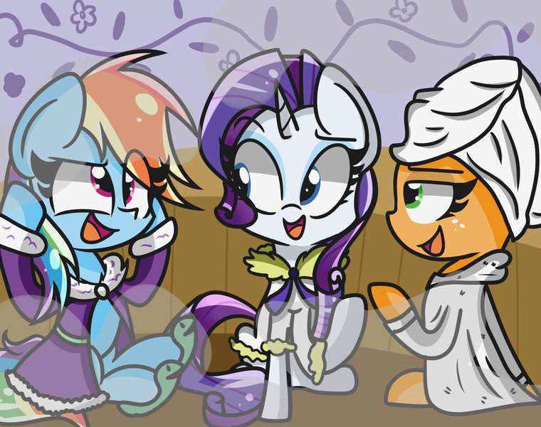 Size: 2000x1578 | Tagged: safe, artist:artypaints, derpibooru import, applejack, rainbow dash, rarity, applejack's "day" off, clothes, cute, dashabetes, jackabetes, raribetes, sauna, slippers, spa day, spa robe, steam, steam room, tank slippers, towel