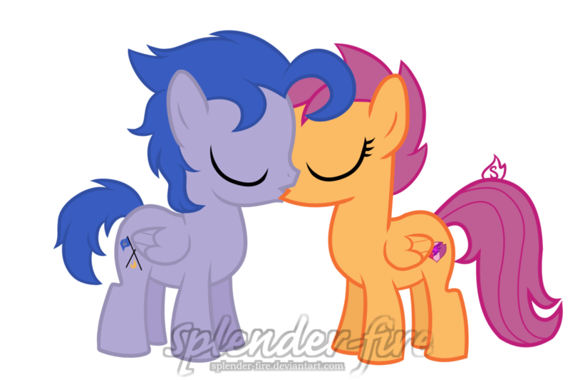 Size: 1024x683 | Tagged: safe, artist:splender-fire, derpibooru import, scootaloo, oc, oc:speed demon, canon x oc, cutie mark, kissing, shipping, simple background, the cmc's cutie marks, transparent background, watermark