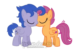 Size: 1024x683 | Tagged: safe, artist:splender-fire, derpibooru import, scootaloo, oc, oc:speed demon, canon x oc, cutie mark, kissing, shipping, simple background, the cmc's cutie marks, transparent background, watermark