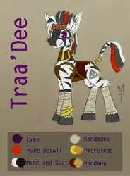 Size: 3564x4843 | Tagged: artist:wingedthoughts, chart, derpibooru import, female, jewelry, mare, oc, oc:traa'dee, piercing, rasta, ring, safe, tribal, unofficial characters only, zebra