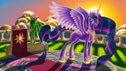 Size: 2560x1440 | Tagged: safe, artist:rockmedved, derpibooru import, twilight sparkle, twilight sparkle (alicorn), alicorn, pony, balcony, older, solo, spread wings, sunrise, wings