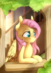 Size: 1024x1448 | Tagged: artist:baldmoose, derpibooru import, fluttershy, fluttershy's cottage, morning, safe, solo, window