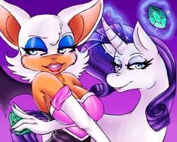 Size: 1080x864 | Tagged: anthro, artist:ooxkatiekatxoo, chaos emerald, crossover, derpibooru import, gem, rarity, rouge the bat, safe, simple background, sonic the hedgehog (series), video game