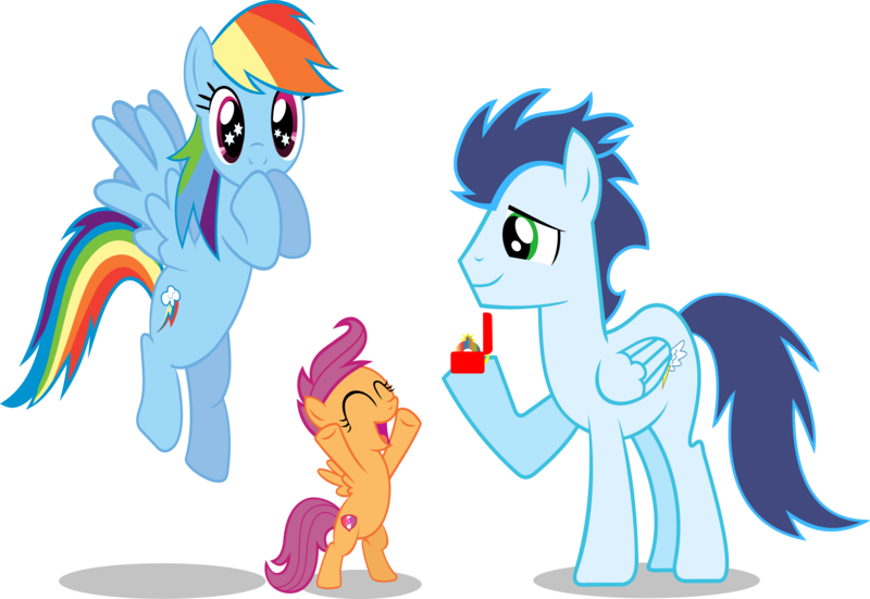 Size: 10026x6904 | Tagged: safe, artist:jpokebrony, derpibooru import, rainbow dash, scootaloo, soarin', pony, absurd resolution, female, jewelry, male, marriage proposal, old cutie mark, ring, shipping, simple background, soarindash, straight, transparent background, wedding ring