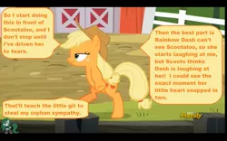 Size: 1440x900 | Tagged: applejack, applejack's "day" off, applejerk, bird, caption, chicken, derpibooru import, downvote bait, edit, edited screencap, implied scootabuse, op failed at starting shit, out of character, rainbow dash, safe, scootaloo, screencap