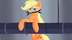 Size: 1280x720 | Tagged: applejack, applejack's "day" off, artist:jbond, derpibooru import, mouth hold, pipe (plumbing), safe, safety goggles, wrench