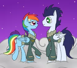 Size: 1800x1600 | Tagged: safe, artist:yourfavoritelove, derpibooru import, rainbow dash, soarin', pony, bomber jacket, clipper, clothes, female, jacket, male, rainbow crash, shipping, soarindash, straight, uniform, wonderbolts