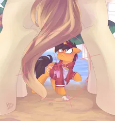 Size: 871x917 | Tagged: safe, artist:drawing-heart, derpibooru import, oc, oc:high impact, oc:lodestar, unofficial characters only, pony, unicorn, :<, beach, clothes, crosshair, for your eyes only, framed by legs, gun, highstar, jacket, palm tree, tree, weapon