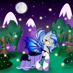 Size: 1024x1024 | Tagged: safe, artist:silent-shadow-wolf, derpibooru import, oc, oc:midnight radiance, unofficial characters only, bat pony, firefly (insect), insect, pony, clothes, dress, female, mare, night, raised hoof, solo, watermark
