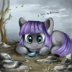 Size: 3000x3000 | Tagged: safe, artist:katemaximova, derpibooru import, boulder (pet), maud pie, earth pony, pony, maud pie (episode), blank flank, cute, daaaaaaaaaaaw, dialogue, female, filly, glow, happy, hnnng, maudabetes, prone, rock, smiling, solo, weapons-grade cute, when she smiles, younger