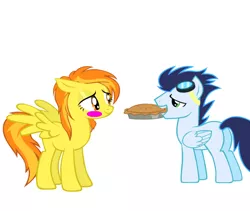 Size: 900x758 | Tagged: safe, artist:megamastermario2009, derpibooru import, soarin', spitfire, pony, 1000 years in photoshop, blush sticker, blushing, female, food, male, pie, shipping, soarinfire, straight, wonderbolts