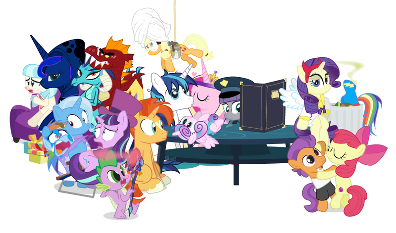 Size: 1100x647 | Tagged: safe, artist:dm29, derpibooru import, apple bloom, applejack, boulder (pet), coco pommel, garble, maud pie, princess cadance, princess ember, princess flurry heart, princess luna, rainbow dash, rarity, shining armor, snowfall frost, spike, spirit of hearth's warming yet to come, starlight glimmer, sunburst, tender taps, trixie, dragon, pony, unicorn, a hearth's warming tail, applejack's "day" off, gauntlet of fire, newbie dash, no second prances, on your marks, the crystalling, the gift of the maud pie, the saddle row review, angel rarity, backwards cutie mark, bathrobe, beach chair, bloodstone scepter, clothes, cold, couch, cracked armor, crossing the memes, cutie mark, dancing, devil rarity, dragon lord spike, emble, female, filly, garble's hugs, hat, hearth's warming, male, mare, meme, menu, now you're thinking with portals, portal, present, rainbow trash, robe, safety goggles, shipping, straight, tenderbloom, the cmc's cutie marks, the meme continues, the story so far of season 6, this isn't even my final form, toolbelt, top hat, towel, trash can, uniform, wonderbolts uniform