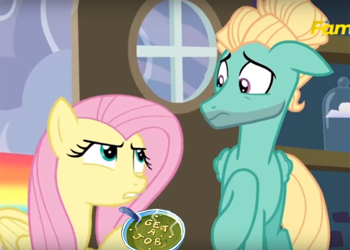 Size: 709x507 | Tagged: safe, derpibooru import, screencap, fluttershy, zephyr breeze, pegasus, pony, flutter brutter, alphabet soup, can you spare a dime?, discovery family logo, female, food, get a job, hilarious in hindsight, male, mare, soup, spongebob squarepants, stallion