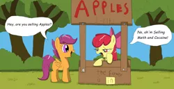 Size: 1600x817 | Tagged: safe, artist:echo-saan, derpibooru import, apple bloom, scootaloo, earth pony, pegasus, pony, accent, apple stand, buy some apples, comic, female, filly, illiteracy, lucy's advice booth, open mouth, peanuts, sarcasm, snappy answers to stupid questions, speech bubble, stupid question