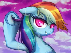 Size: 1440x1080 | Tagged: suggestive, artist:buttercupsaiyan, derpibooru import, rainbow dash, pony, armpits, bedroom eyes, cloud, female, frog (hoof), heart eyes, image, jpeg, lip bite, mare, sexy, solo, sweat, underhoof, wet, wet mane, wingding eyes