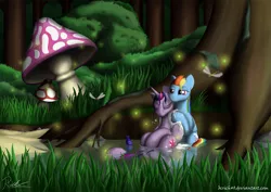 Size: 1527x1080 | Tagged: safe, artist:bcrich40, derpibooru import, rainbow dash, twilight sparkle, dragonfly, firefly (insect), insect, pegasus, pony, bath, eyes closed, female, forest, giant mushroom, lesbian, mushroom, pond, shampoo, shipping, tree, twidash