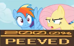 Size: 707x444 | Tagged: safe, derpibooru import, edit, edited screencap, screencap, fluttershy, rainbow dash, pegasus, pony, flutter brutter, 200% mad, caption, expand dong, exploitable meme, female, flying, frown, glare, image macro, mare, meme, open mouth, peeved, shocked, spread wings, vulgar, wide eyes, wings