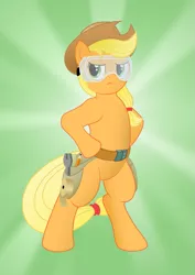 Size: 877x1240 | Tagged: safe, artist:alixnight, derpibooru import, applejack, pony, applejack's "day" off, bipedal, heroic posing, safety goggles, solo, toolbelt, vector