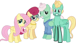 Size: 6700x3800 | Tagged: safe, artist:cheezedoodle96, derpibooru import, fluttershy, gentle breeze, posey shy, zephyr breeze, pony, flutter brutter, .svg available, absurd resolution, clothes, family, female, fluttershy's parents, jewelry, looking at you, male, necklace, pearl necklace, shipping, shys, simple background, straight, svg, the shy family, transparent background, vector