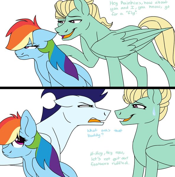 Size: 1024x1038 | Tagged: safe, artist:colourstrike, derpibooru import, rainbow dash, soarin', zephyr breeze, pony, flutter brutter, comic, female, jealous, jealous soarin', male, shipping, soarindash, straight