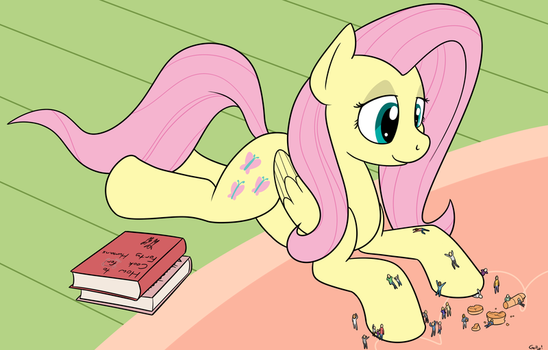 Size: 2237x1428 | Tagged: artist:rapidstrike, blank stare, book, carrot, climbing, derpibooru import, fluttershy, fluttershy's cottage, food, human, implied vore, lidded eyes, micro, prone, request, safe, size difference, smiling