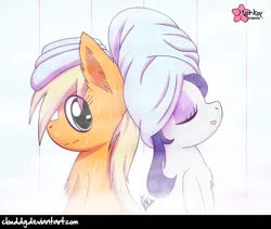 Size: 946x800 | Tagged: applejack, applejack's "day" off, artist:clouddg, chest fluff, derpibooru import, duo, eyes closed, looking at you, open mouth, rarity, relaxing, safe, side view, signature, spa, steam, steam room, towel