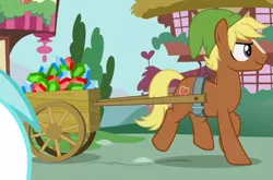 Size: 600x396 | Tagged: safe, derpibooru import, screencap, lyra heartstrings, quarter hearts, ponified, earth pony, pony, flutter brutter, blaze (coat marking), cart, cropped, female, gem, hat, link, mare, reference, rupee, smiling, smirk, solo focus, the legend of zelda, trotting